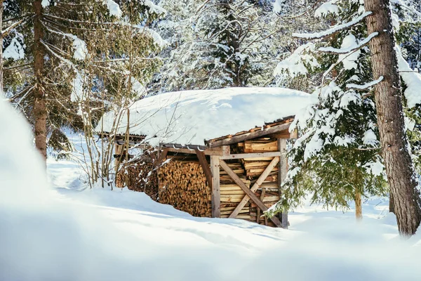 Arka Planda Kışın Yakacak Odun Yığını — Stok fotoğraf