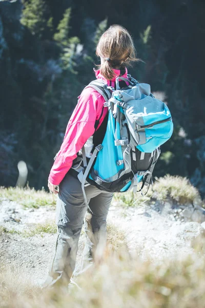 年轻的女徒步旅行者爬上山顶悬崖上的岩石 — 图库照片