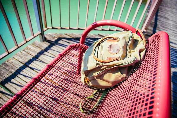 Metal Bench Bag Background Close — Stock Photo, Image