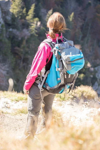 Jonge Vrouw Wandelaar Klimmen Rots Bergtop Klif — Stockfoto