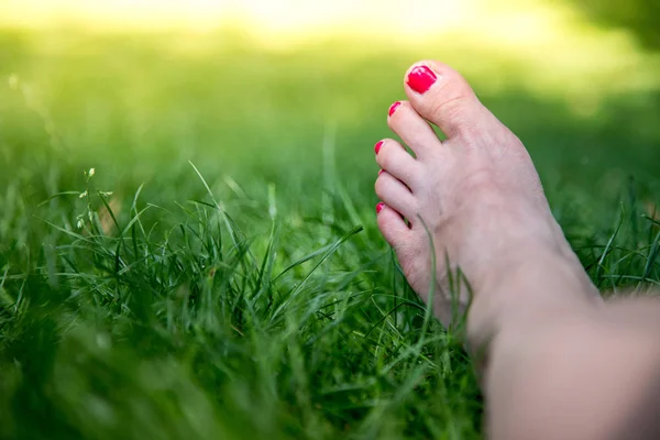 Female Leg Lying Grass Park Sunny Day — Stock Photo, Image