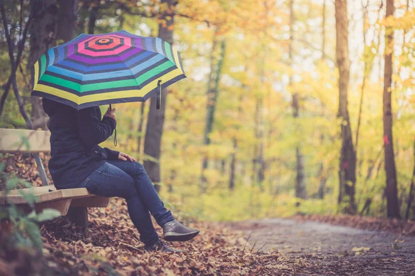 Jong Meisje Blauwe Jas Paraplu Zittend Bank Het Herfstbos — Stockfoto