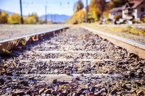 Hållbara resor med tåg: Järnvägsspår och färgglada, idylliska — Stockfoto