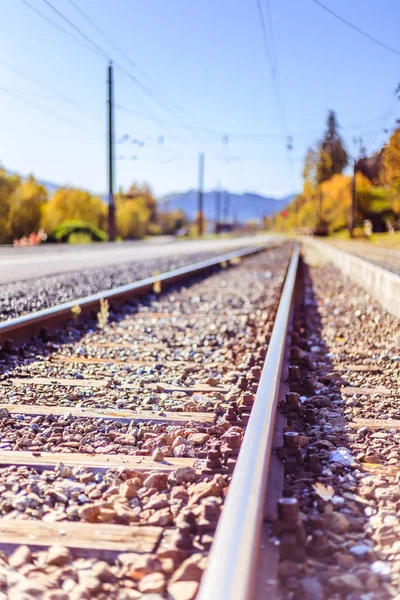 Sustainable traveling by train: Rail track and colorful, idyllic