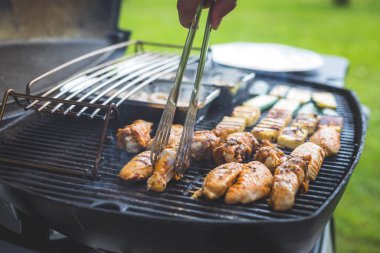 Gaz ızgarasında tavuk kanadı, peynir ve sebze yakın. Yaz zamanı, açık havada..