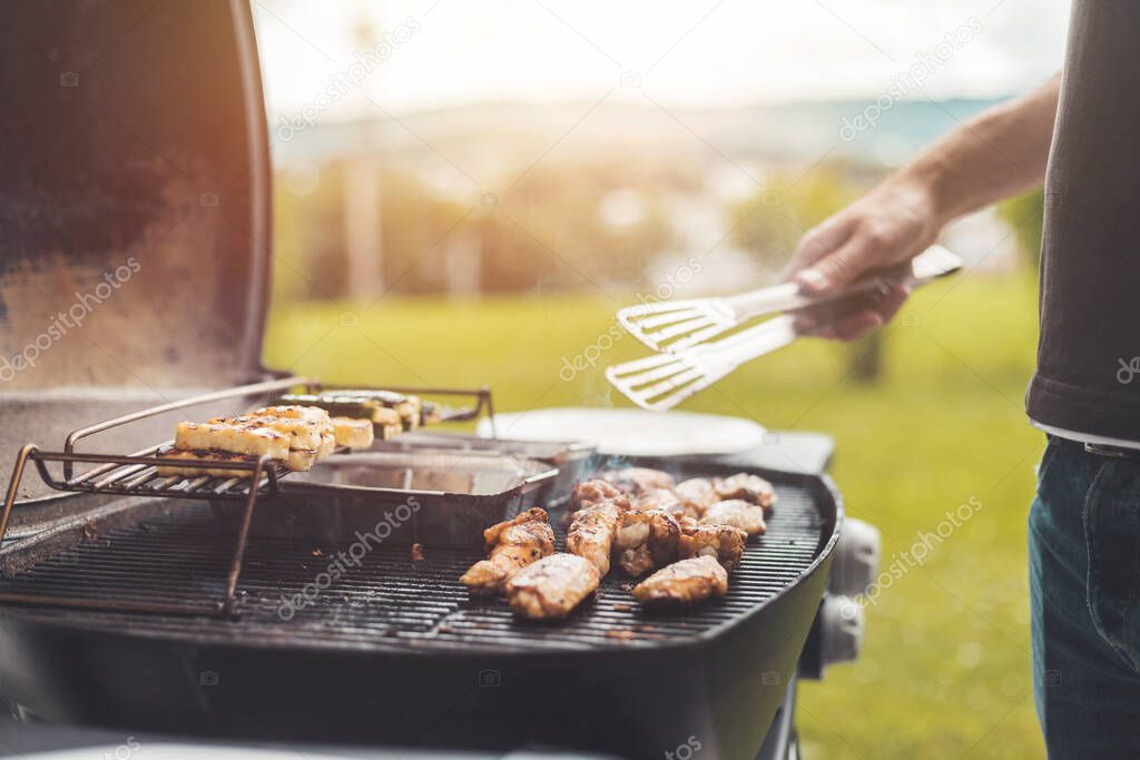 Close up of chicken wings, cheese and vegetables on gas grill. Summer time, outdoors.