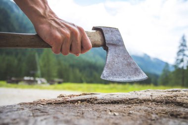 Kırsal kesimdeki bir ağaç gövdesine bağlanmış baltayı tutan yaşlı bir erkek eli.