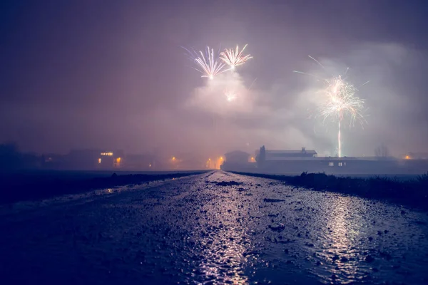 Fuochi Artificio Capodanno Paesaggio Umido Polveroso Austria — Foto Stock