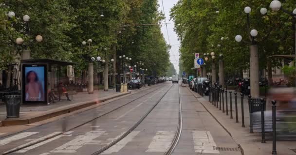 Timelapse Tram Stopping Pickup People Waiting Corso Sempione Milan Continuing — Stock Video
