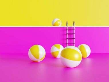 Bir grup şişirilebilir plaj topu olan boş yüzme havuzu yaz konsepti. 