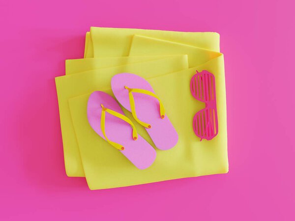 Summer Shutter Sunglasses Flip Flop sandals in magenta and yellow towel minimalistic above view 