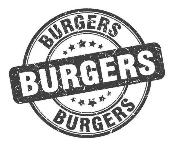 Pieczątka hamburgery. hamburgery okrągłe znak grunge. Burgery — Wektor stockowy