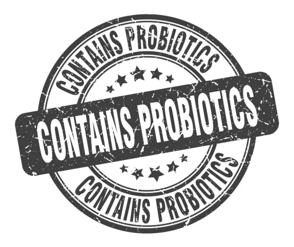 Contiene sello de probióticos. contiene probióticos signo grunge redondo. contiene probióticos — Vector de stock