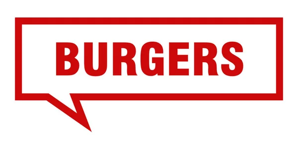 Znak hamburgery. Hamburger kwadratowy mowy bańki. Burgery — Wektor stockowy