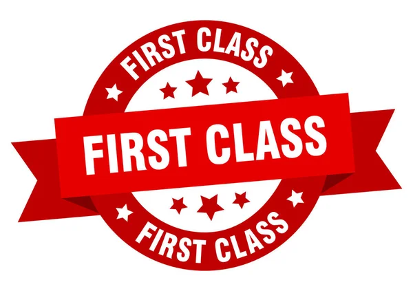Bändchen erster Klasse. Erste Klasse rundes rotes Schild. Erste Klasse — Stockvektor