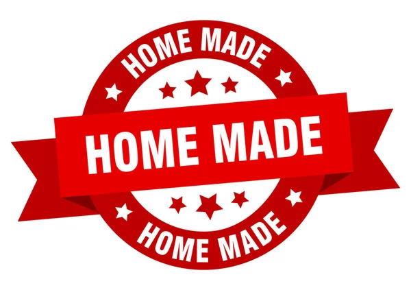 Home Made wstążki. domu wykonane okrągły czerwony znak. Dom wykonany — Wektor stockowy