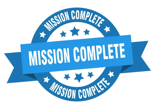 Mise kompletní. úkol kompletně kulatý modrý znak. mise dokončena — Stockový vektor