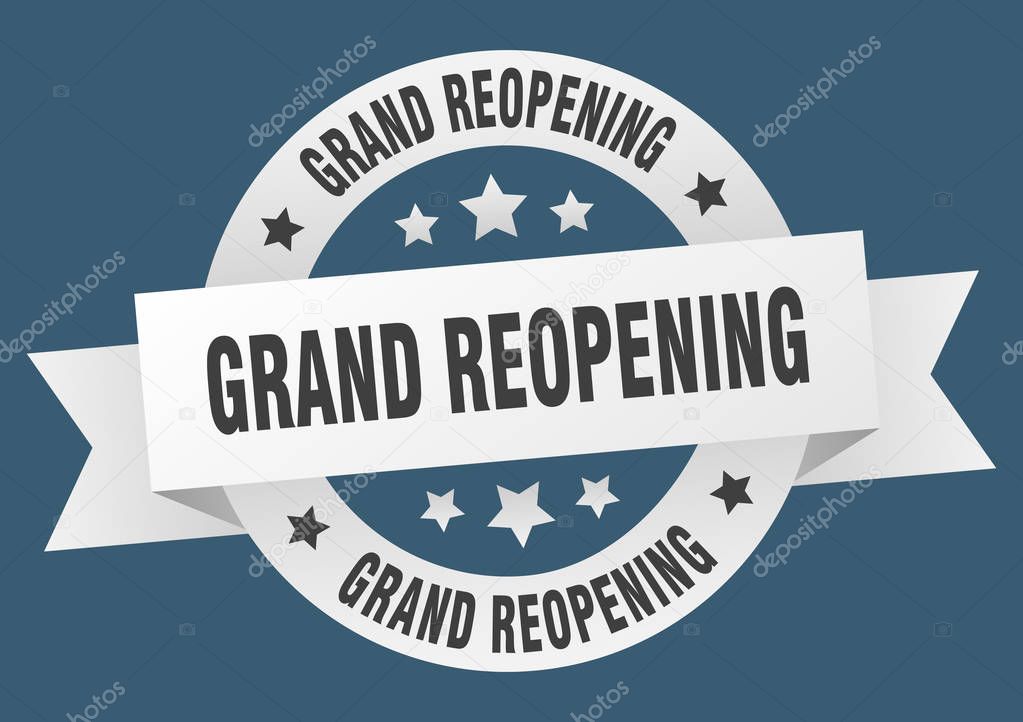 grand reopening ribbon. grand reopening round white sign. grand reopening