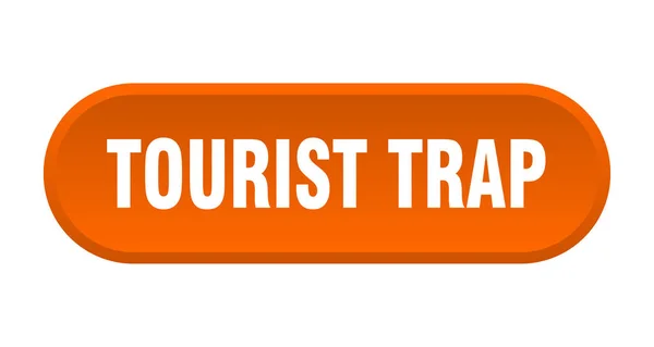 Tlačítko pro turistický soutisk. oranžový nápis s turisty. Turistická past — Stockový vektor