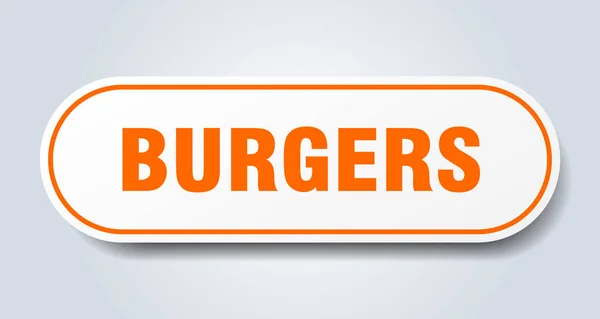 Burger unterschreiben. Burger runden orangefarbenen Aufkleber ab. Burger — Stockvektor