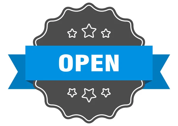 Rótulo azul aberto. Abrir selo isolado. aberto — Vetor de Stock