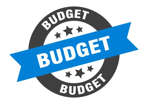 Znak budżetu. budżet niebieski-czarny okrągły wstążka naklejka — Wektor stockowy