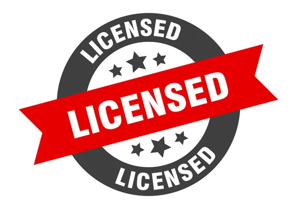 Signo de licencia. etiqueta engomada de cinta redonda negro-rojo con licencia — Vector de stock