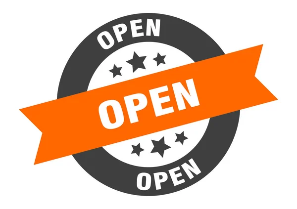 Sinal aberto. etiqueta redonda alaranjado-preta aberta da fita — Vetor de Stock