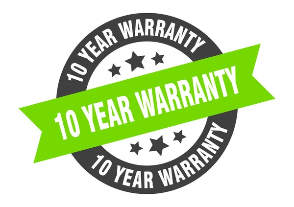 10 year warranty sign. 10 year warranty black-green round ribbon sticker — Stock Vector