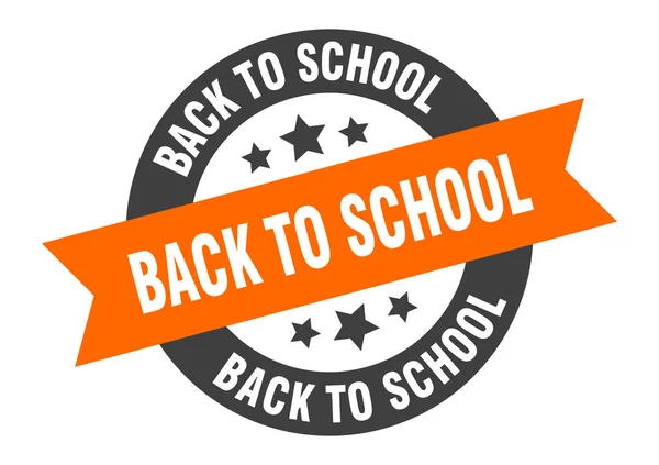 De vuelta al cartel de la escuela. volver a la escuela pegatina de cinta redonda naranja-negro — Archivo Imágenes Vectoriales