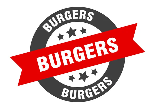 Znak hamburgery. hamburgery czarno-czerwona okrągła wstążka naklejka — Wektor stockowy