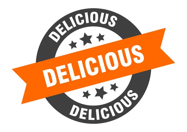 Delicious sign. delicious orange-black round ribbon sticker — Stock Vector