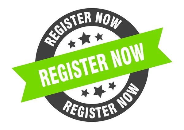 Register now sign. register now black-green round ribbon sticker — Stock Vector