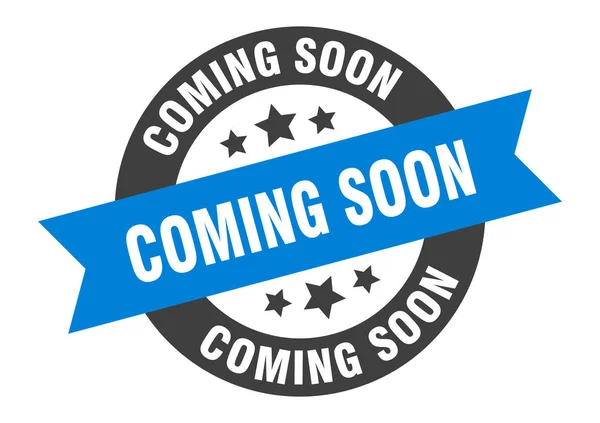 Coming soon sign. coming soon blue-black round ribbon sticker — Stock Vector