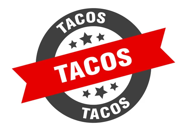 Tanda taco. stiker bundar hitam-merah tacos - Stok Vektor