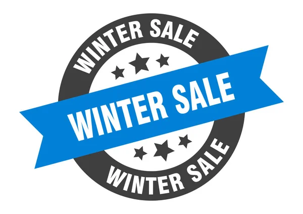 Winters verkoopbord. winter verkoop blauw-zwart rond lint sticker — Stockvector