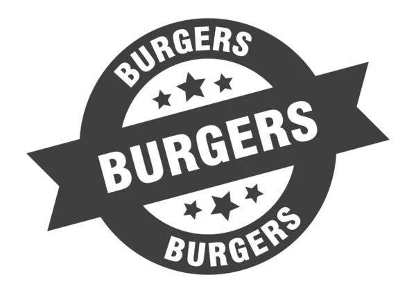 Znak hamburgery. hamburgery czarny okrągły wstążka naklejka — Wektor stockowy