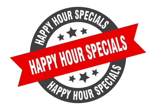 Signo especial de la hora feliz. happy hour especiales negro-rojo cinta redonda etiqueta engomada — Archivo Imágenes Vectoriales