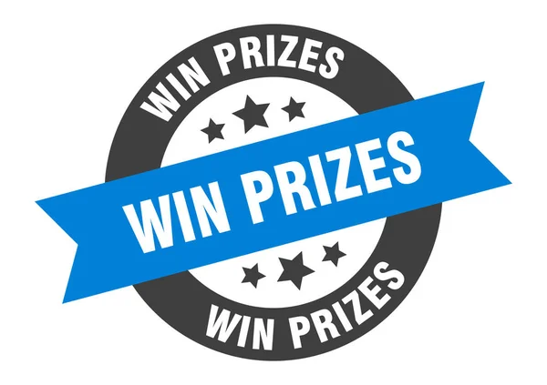 Winnen prijzen teken. win prijzen blauw-zwart rond lint sticker — Stockvector
