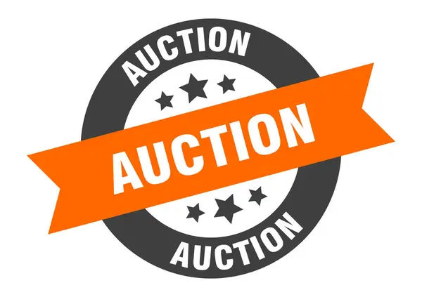 Auktionsschild. Auktion orange-schwarzer Sticker mit rundem Band — Stockvektor