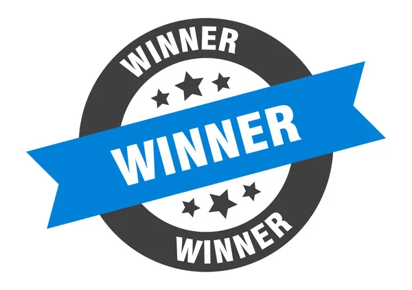Σύμβολο νικητή. νικητής μπλε-μαύρο στρογγυλό αυτοκόλλητο κορδέλα — Διανυσματικό Αρχείο