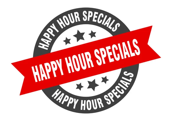 Happy hour specials teken. happy hour specials zwart-rood rond lint sticker — Stockvector