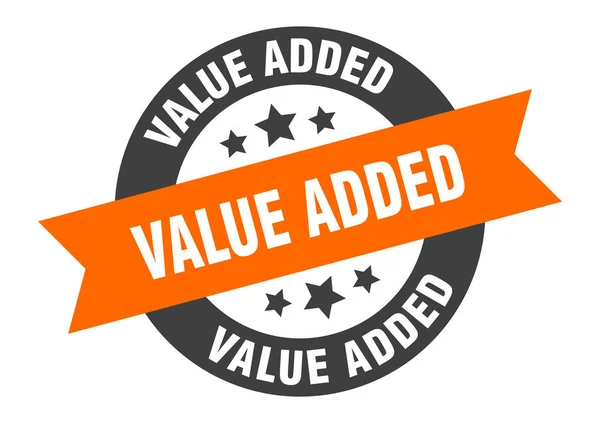 Πρόσημο προστιθέμενης αξίας. προστιθέμενη αξία πορτοκαλί-μαύρο στρογγυλό αυτοκόλλητο κορδέλα — Διανυσματικό Αρχείο