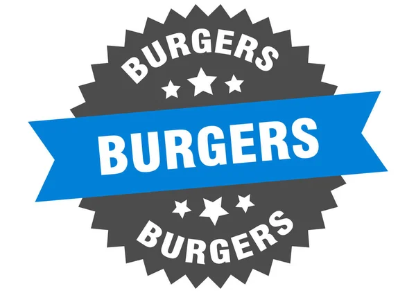 Hamburger segno. hamburger blu-nero etichetta banda circolare — Vettoriale Stock