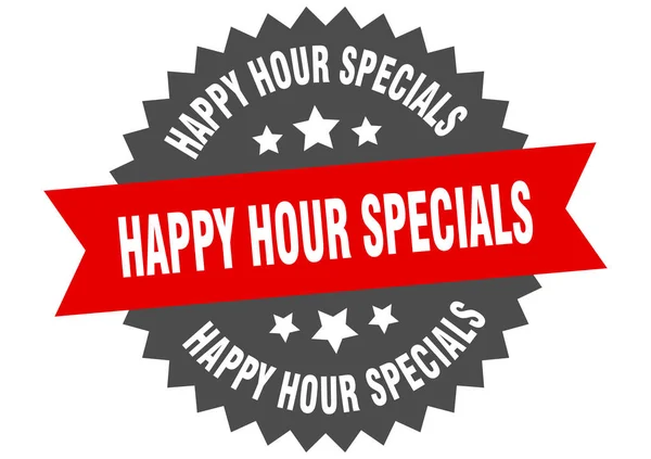 Happy hour offres spéciales signe. happy hour promos rouge-noir étiquette de bande circulaire — Image vectorielle