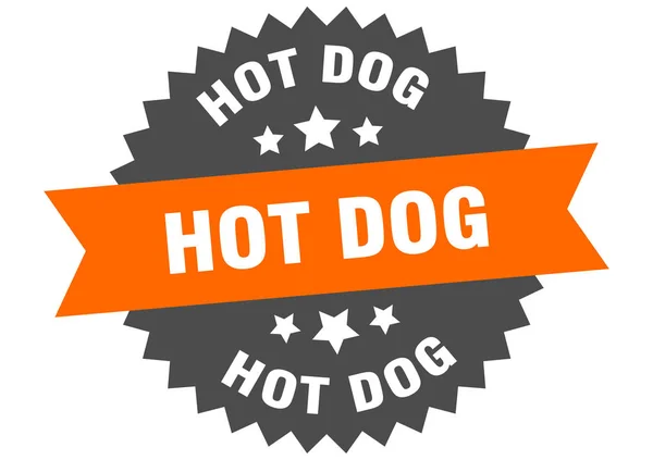 Značka hot dogu. hot dog oranžovo-černý kruhový nápis — Stockový vektor