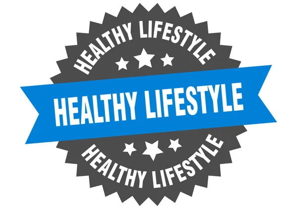 Zeichen eines gesunden Lebensstils. gesunder Lebensstil blau-schwarzes kreisförmiges Etikett — Stockvektor