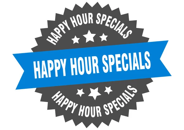 Signo especial de la hora feliz. especiales happy hour etiqueta de banda circular azul-negro — Archivo Imágenes Vectoriales