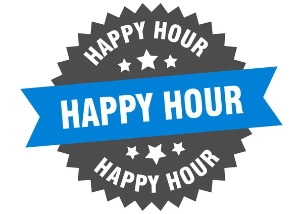 Happy Hour. happy hour μπλε-μαύρο κυκλική ετικέτα μπάντα — Διανυσματικό Αρχείο