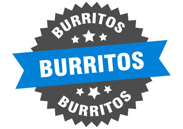 Burritos unterschreiben. Burritos blau-schwarzes rundes Band-Etikett — Stockvektor